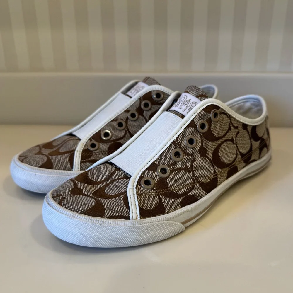 Coach BEV Brown Monogram Laceless Slip On Sneaker Size 6.5